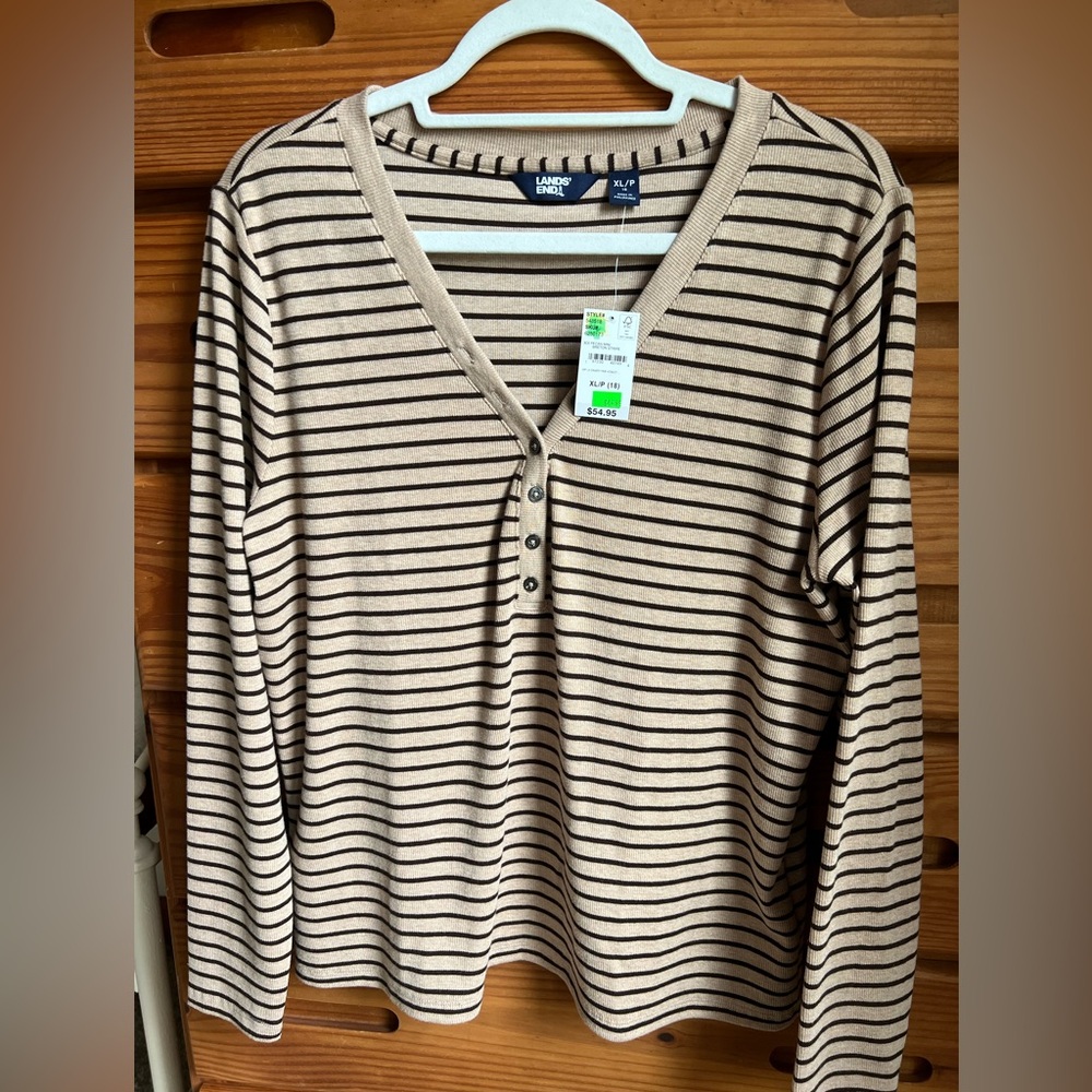Lands' End Beige and Black Striped Long Sleeve Tee